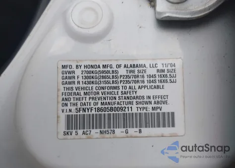 2005 Honda Pilot Ex-L from USA, damaged, VIN 5FNYF18605B009211